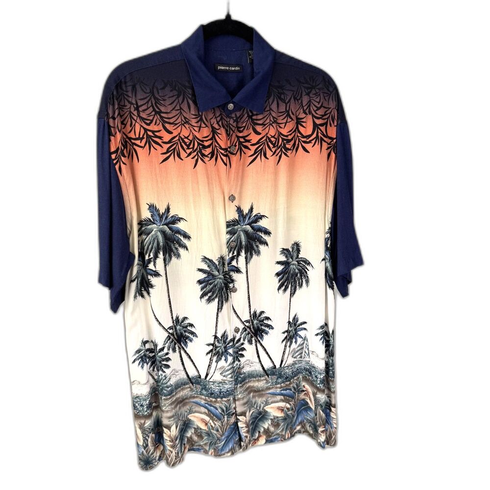 Size L Vintage Pierre Cardin sunset palm tree rayon Hawaiian shirt 10811